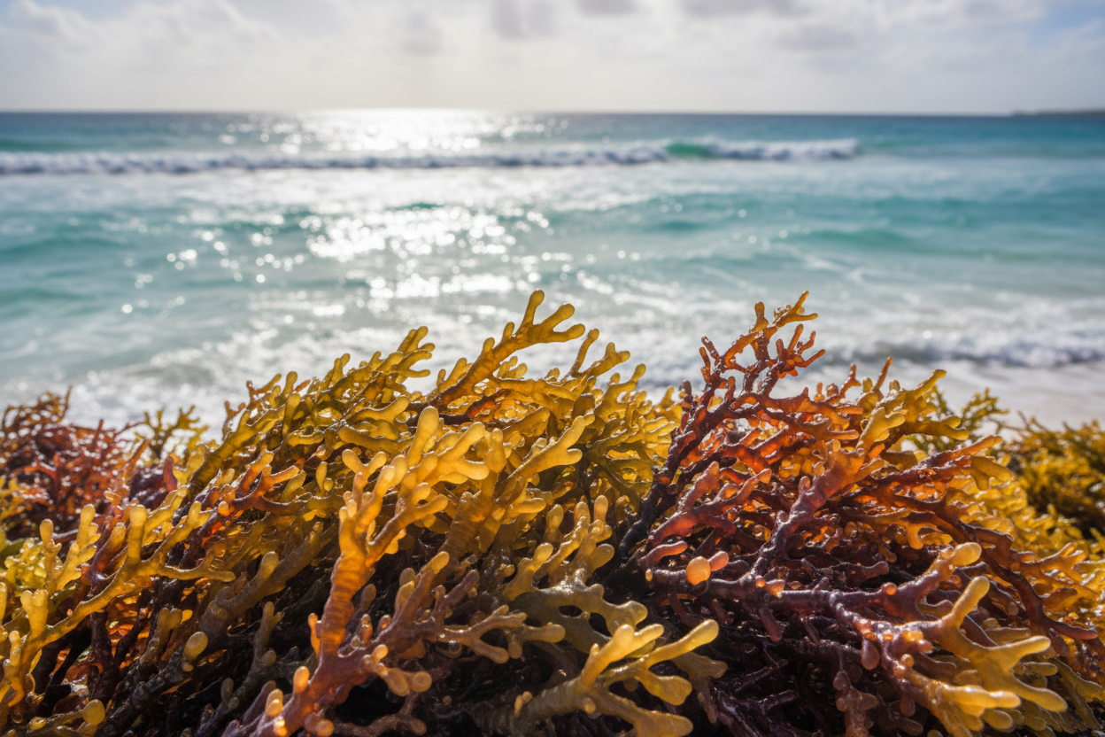 wildcrafted sea moss with ocean background