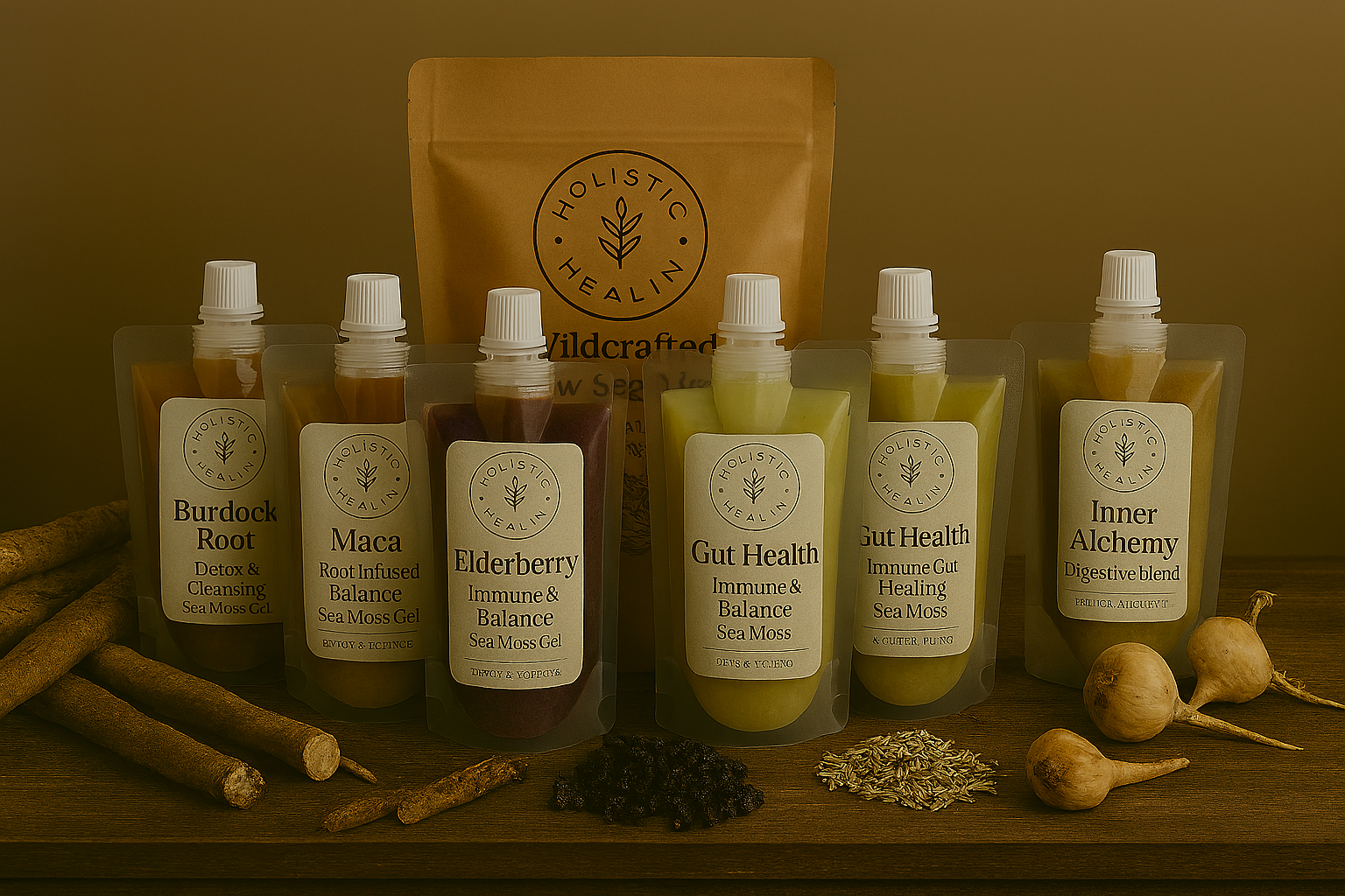 Six herbal infused sea moss gel pouches with herbs next to each one.