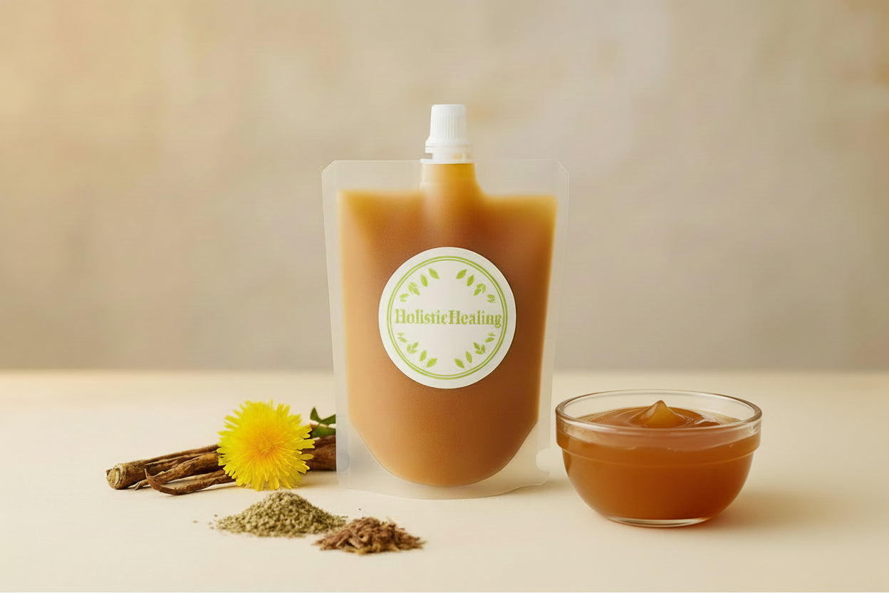 HolisticHealin Gut Restore Sea Moss Gel pouch infused with dandelion root, chanca piedra, and fennel, crafted for gentle digestive balance and alkaline herbal support.