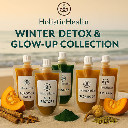 HolisticHealin 5 16oz pouches of Winter Detox & Glow-Up Bundle including: Maca, Burdock, pumpkin, Spirulina, and Gut Restore Sea Moss Gel's for cleansing, gut health, minerals, energy, and immunity.