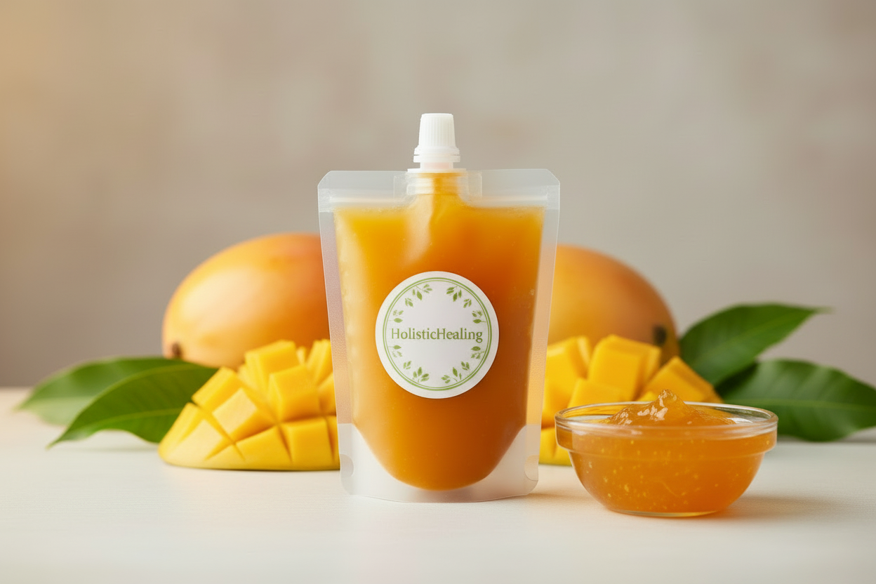 HolisticHealin 16oz pouch of Mango Sea Moss Gel for digestive support, energy, and mineral-rich daily wellness.