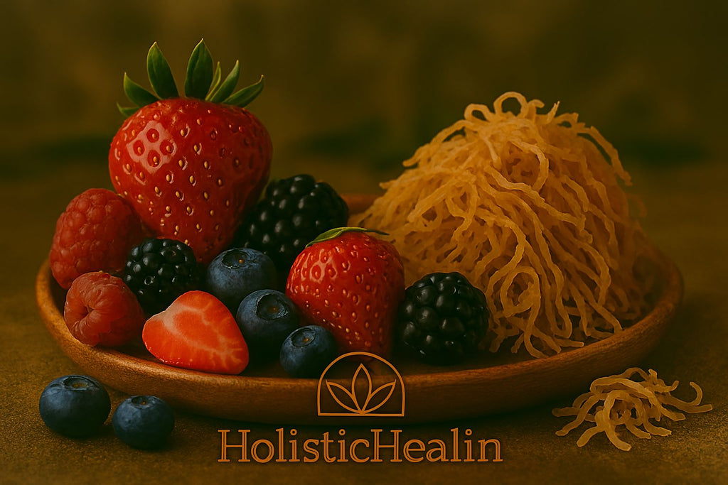 Mixed Berries with sea moss sitting in a wood bowl.