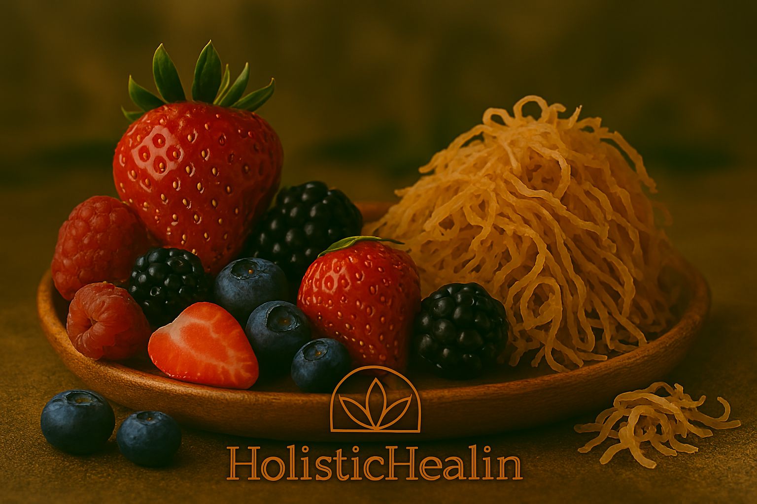 Mixed Berries with sea moss sitting in a wood bowl.