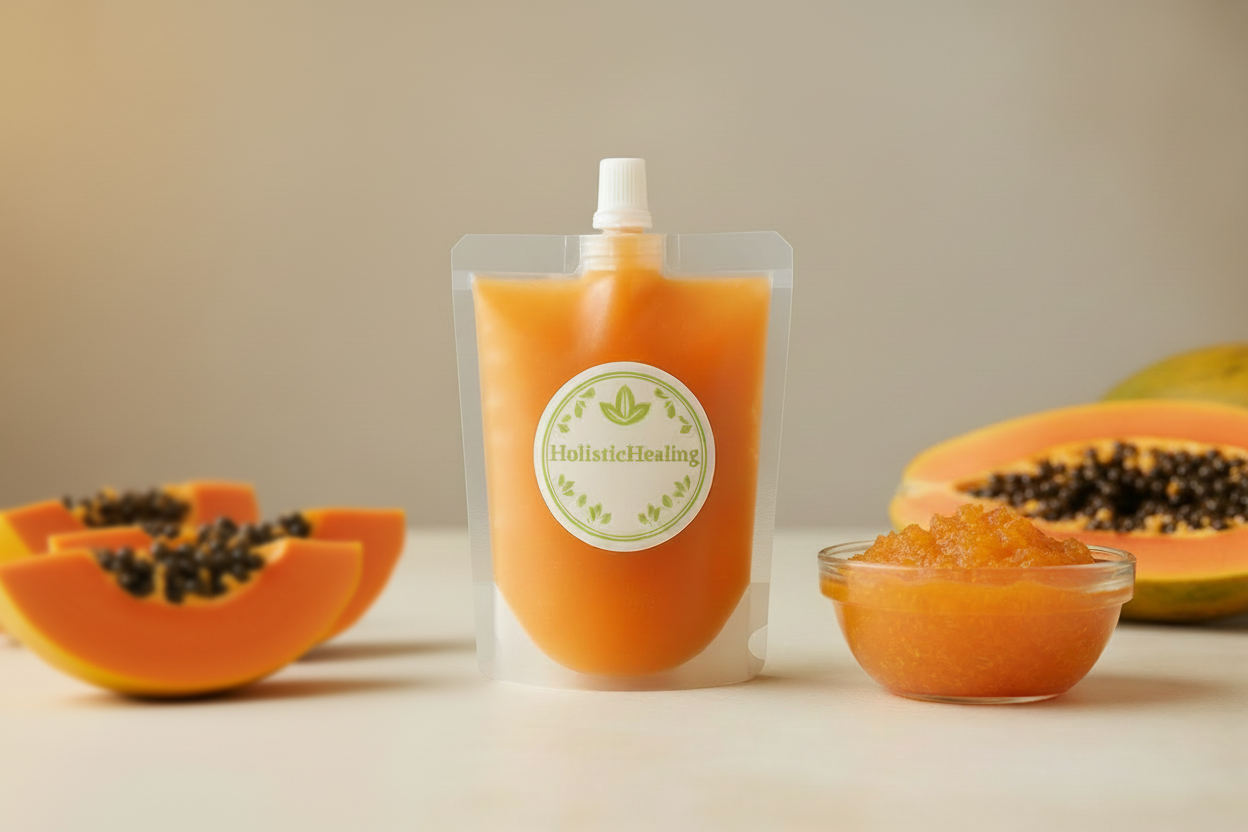 HolicticHealin 16oz pouch of Papaya Sea Moss Gel for gut health and radiant skin.