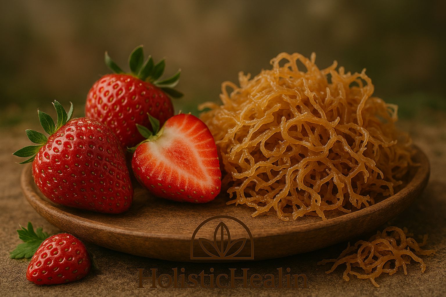 Strawberries with sea moss in a wood bowl.