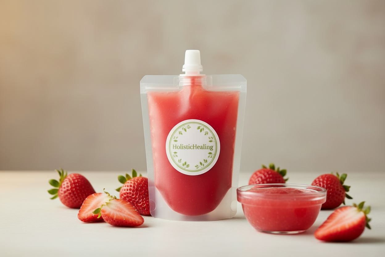 HolisticHealin 16oz pouch of Strawberry Sea Moss Gel for antioxidant support, gut health, and mineral-rich wellness.